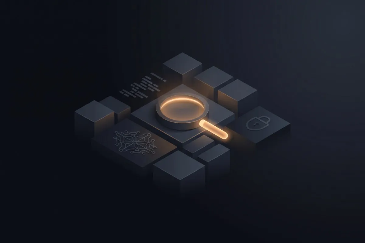 A glowing orange magnifying glass rests on dark isometric cubes etched with a network diagram and a padlock icon.