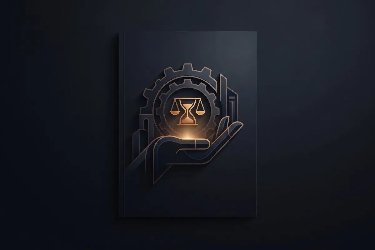 On a dark cover, a copper-line hand holds a glowing scales of justice inside a gear, over faint city buildings.