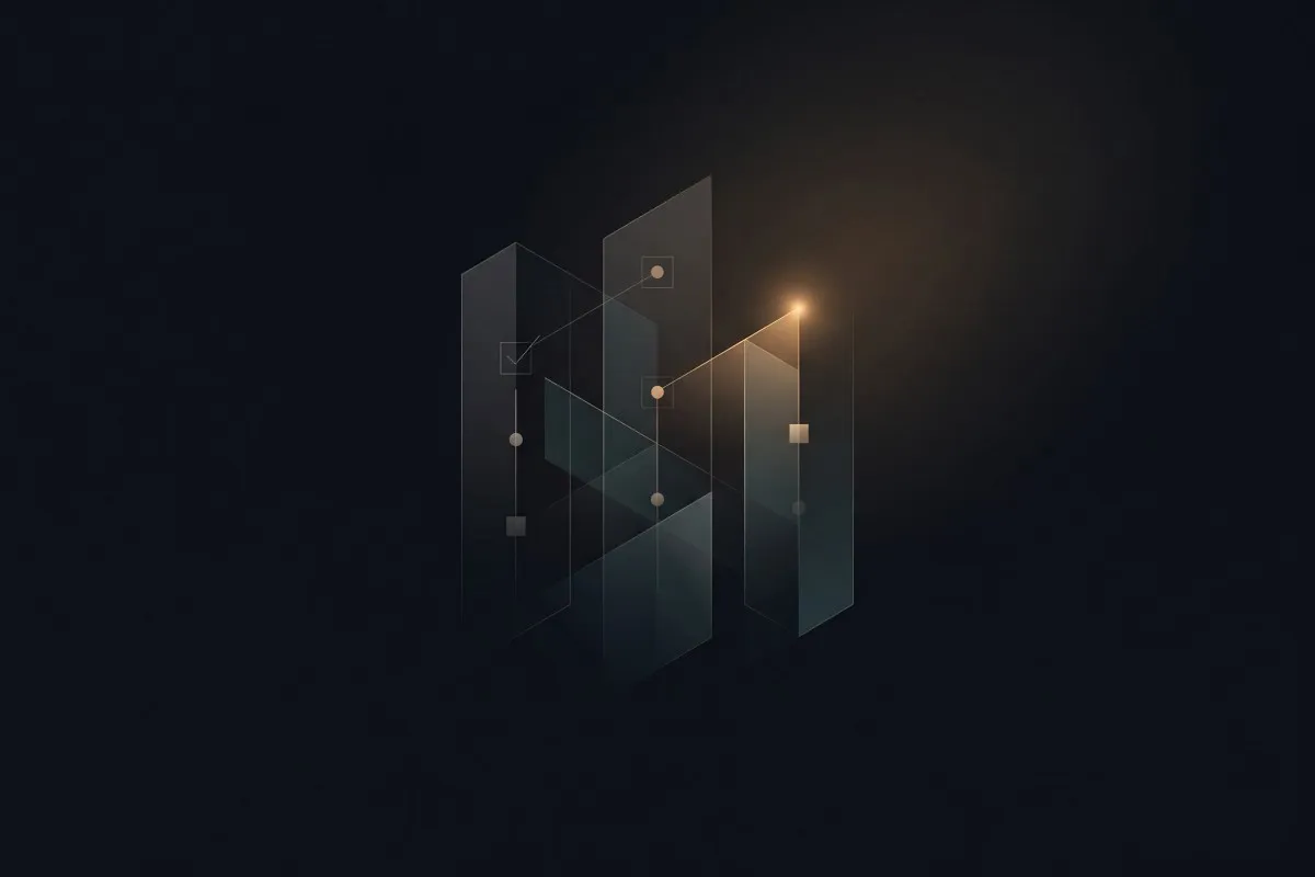 Translucent glass panels connected by thin lines with dots, squares, and a checkmark, lit by a glowing amber point on a dark background.
