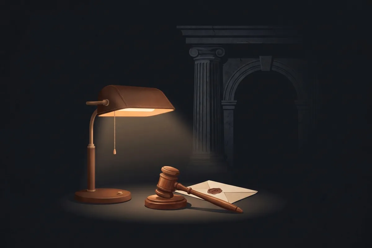A lit banker's lamp, a wooden gavel and a wax-sealed envelope on a table before a dim stone column and arch.