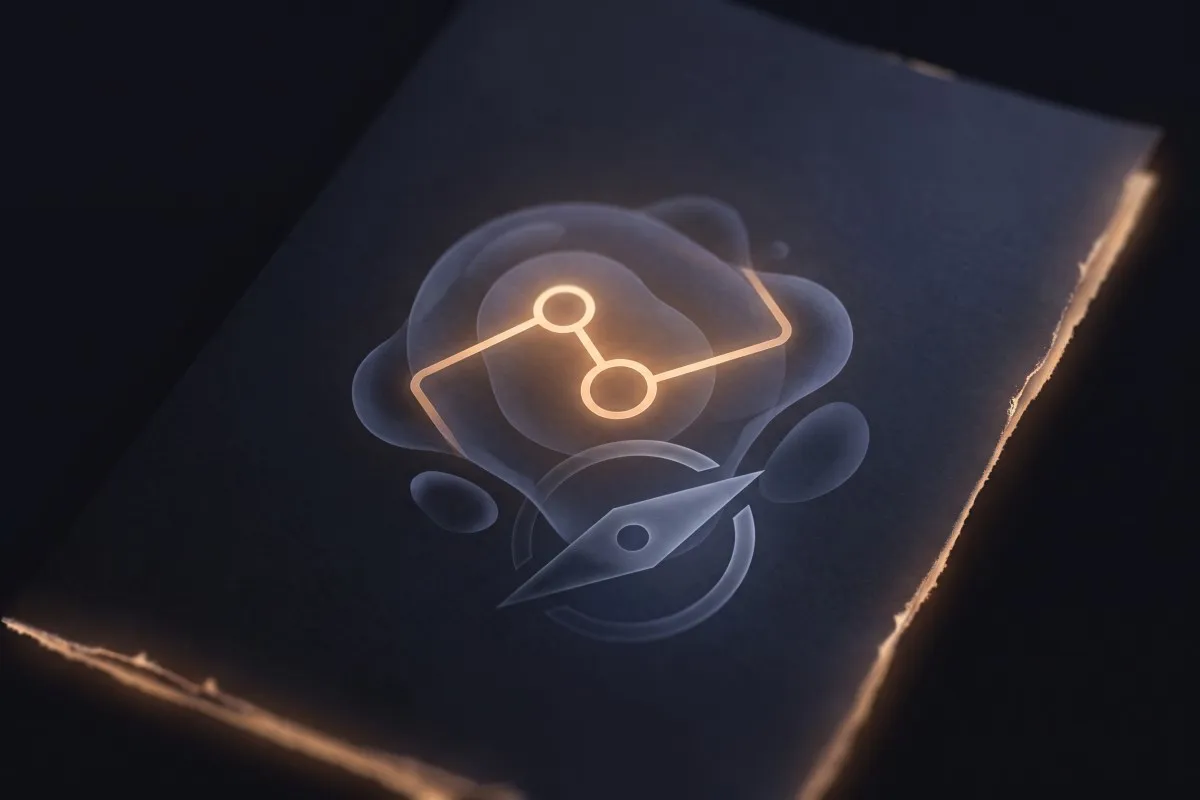 A glowing orange molecule-like symbol and a faint compass needle sit on a dark, torn-edged sheet of paper.