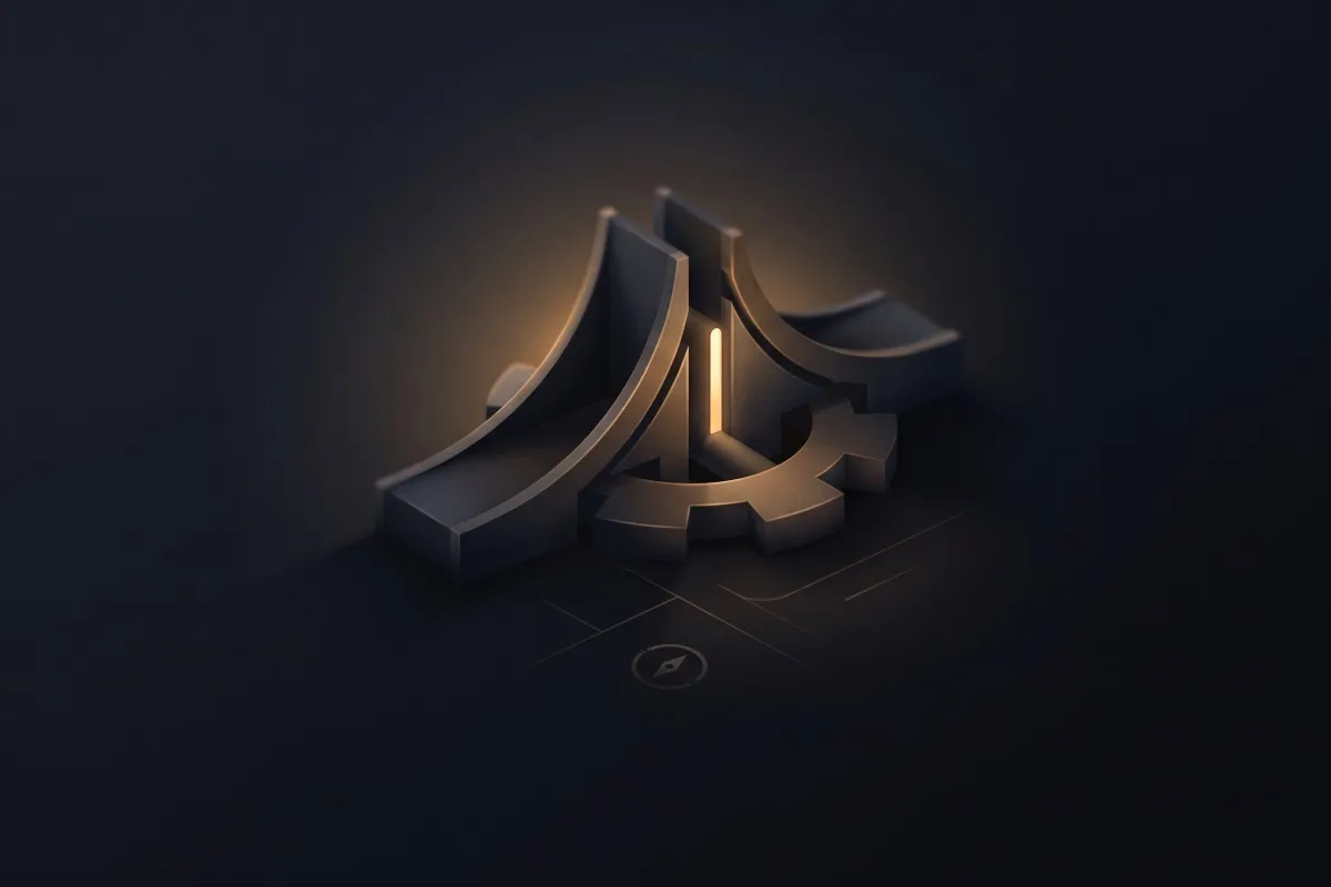 A glowing gold and dark-grey 3D emblem of curved shapes and a gear, with a small compass icon, on a black background.