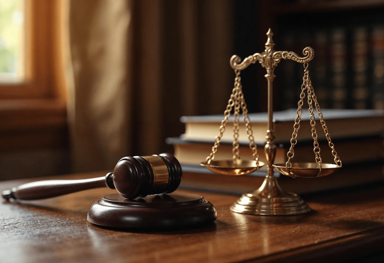 Gavel and brass scales of justice on a polished wooden desk in a law office